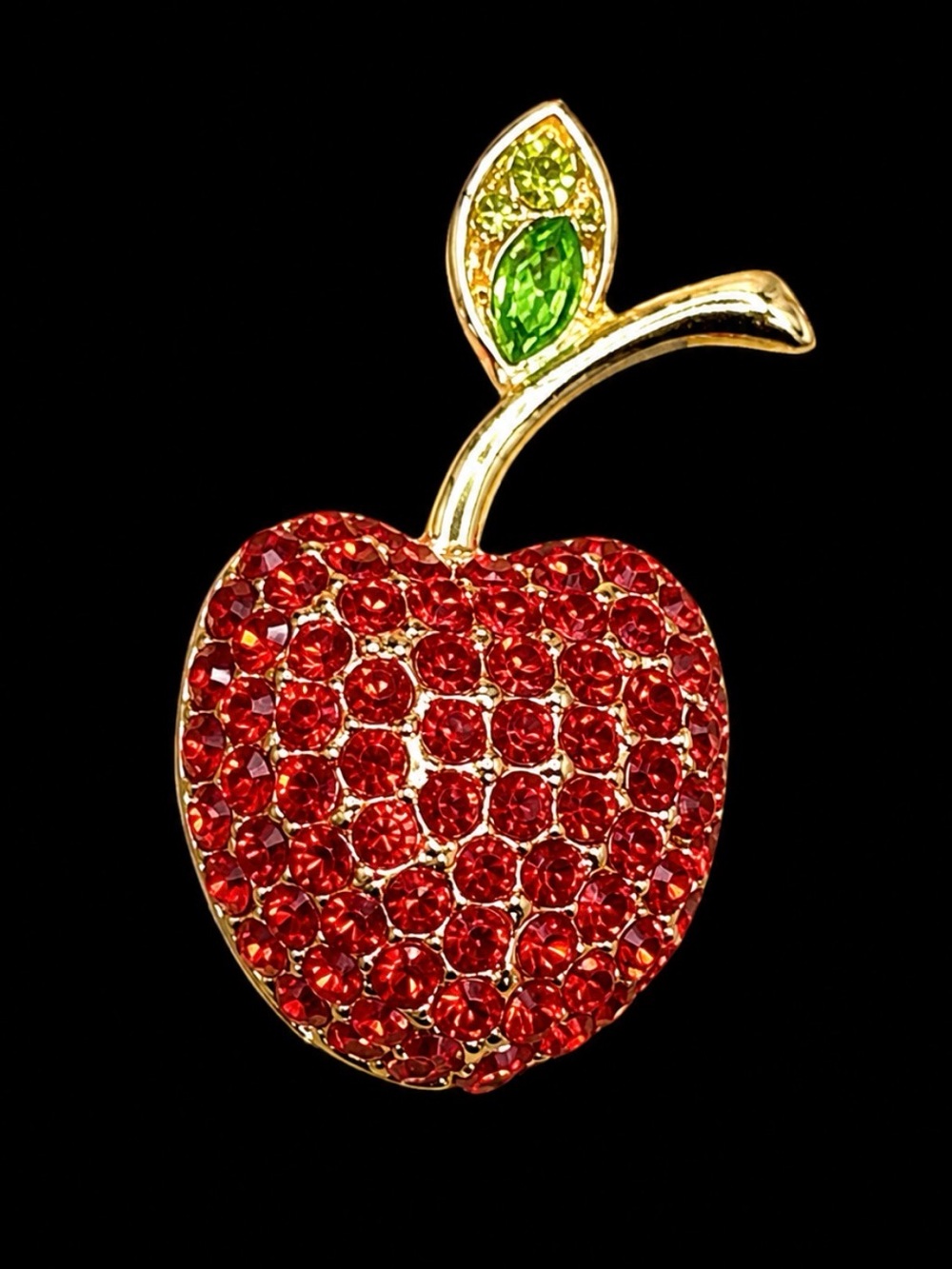 Red Crystal Apple Brooch with Green Leaf Accent